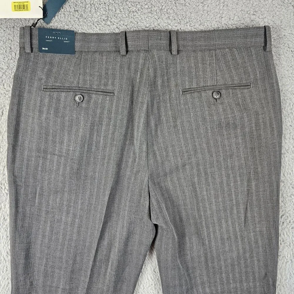 Perry Ellis Dress Pants Mens 36x32* Gray Striped Slacks Trousers